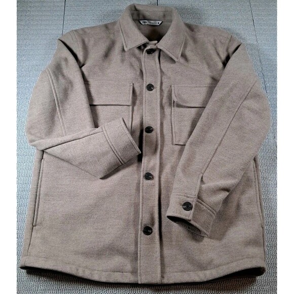 Zara Mens Tan Button Up Shacket Jacket Chest/ Side Pockets M Heavy Cozy Casual - Picture 1 of 6